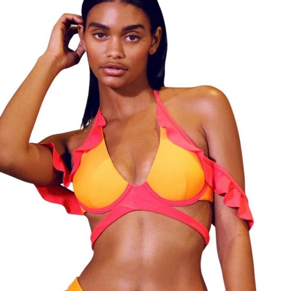 Andrea Iyamah-Orange and Pink Ruffle Bikini Top